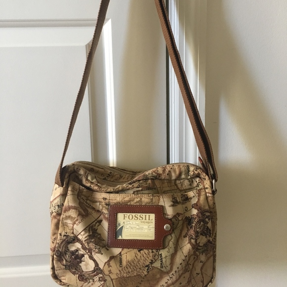Vintage Fossil Handbags - FOSSIL Rare Vintage Map Leather Crossbody Bag
